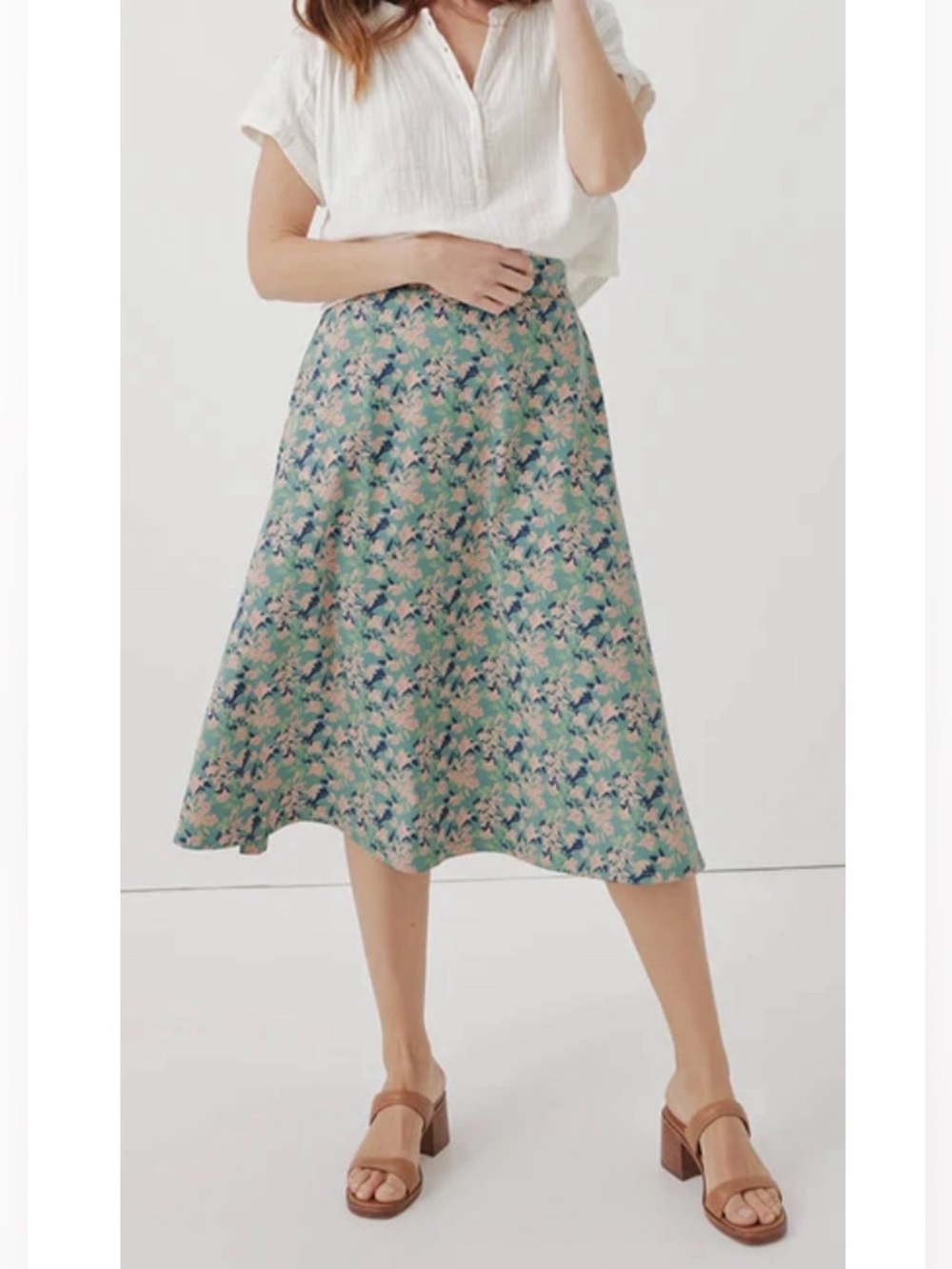 Pact Organic Cotton Fit & Flare A-line Skirt Size Large Green and Pink Pattern